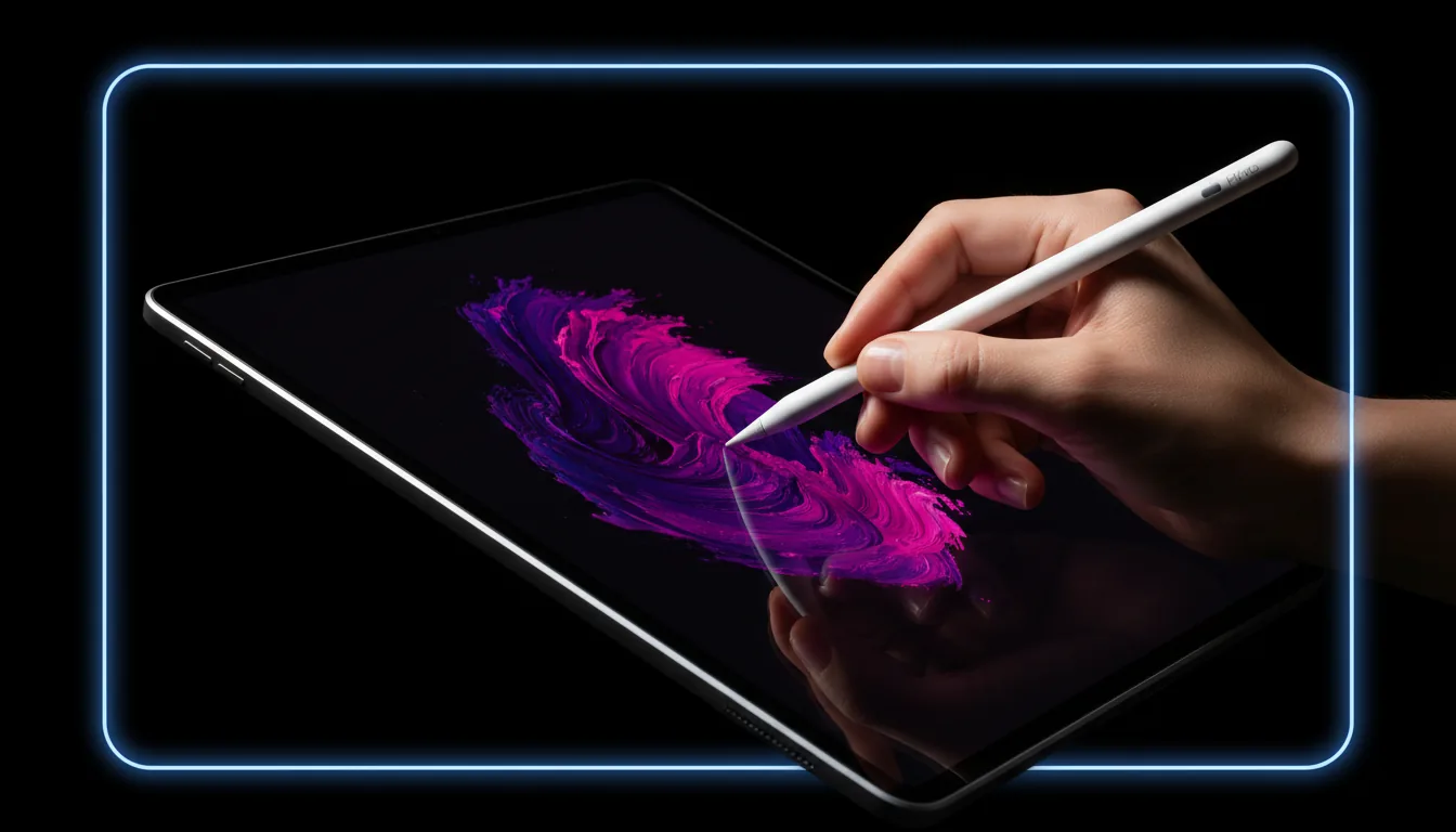 DSLR product photography of a hand holding a white digital stylus, the Apple Pencil Pro, drawing a vibrant, textured digital brushstroke of swirling purple and magenta paint onto the dark screen of an iPad. Cinematic contrast with dramatic studio lighting against a pure black background, highlighting the details of the hand and stylus. The entire composition is framed by a thin, glowing blue neon line with rounded corners.