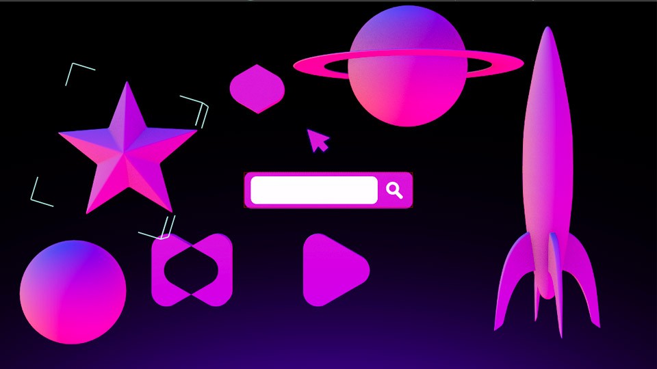 a collection of 3D assets such as stars and planetsto be used in the project on a dark background