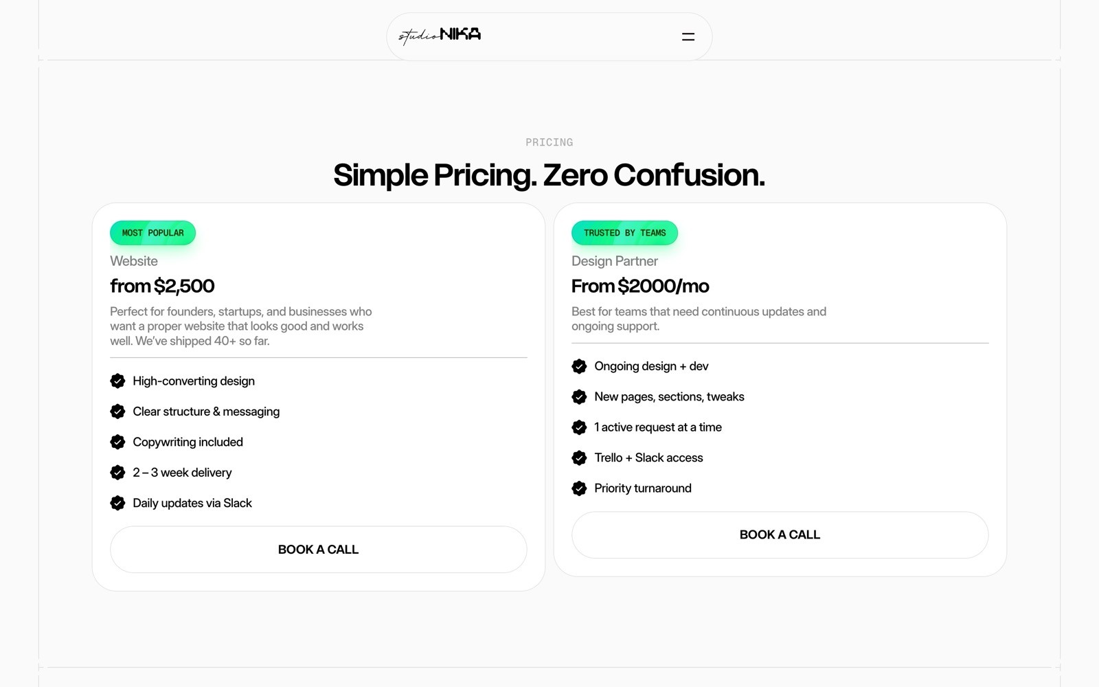 Pricing page with two options: Website from $2,500, Design Partner from $2,000/mo. Each with a list of features. "Next Popular" tag on the left.