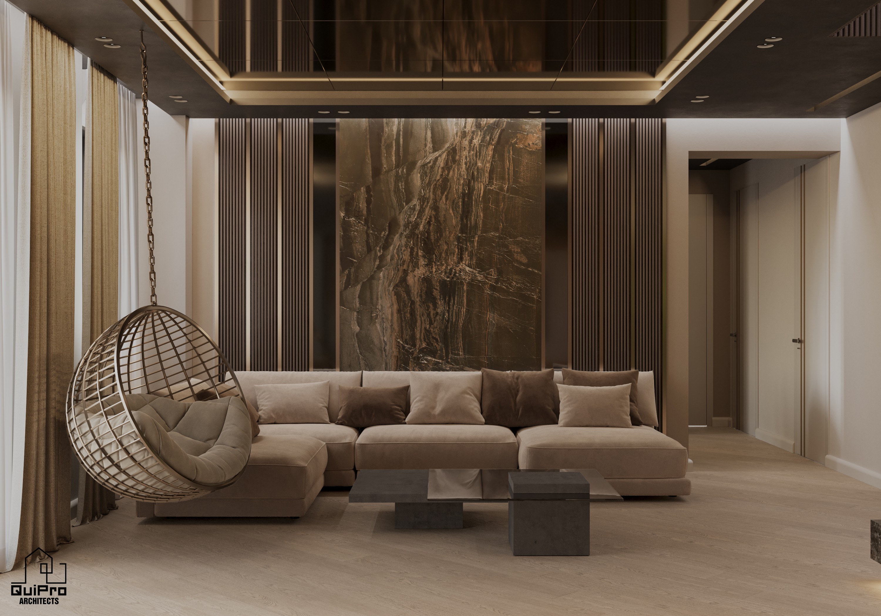 a living room filled with furniture and a mirror