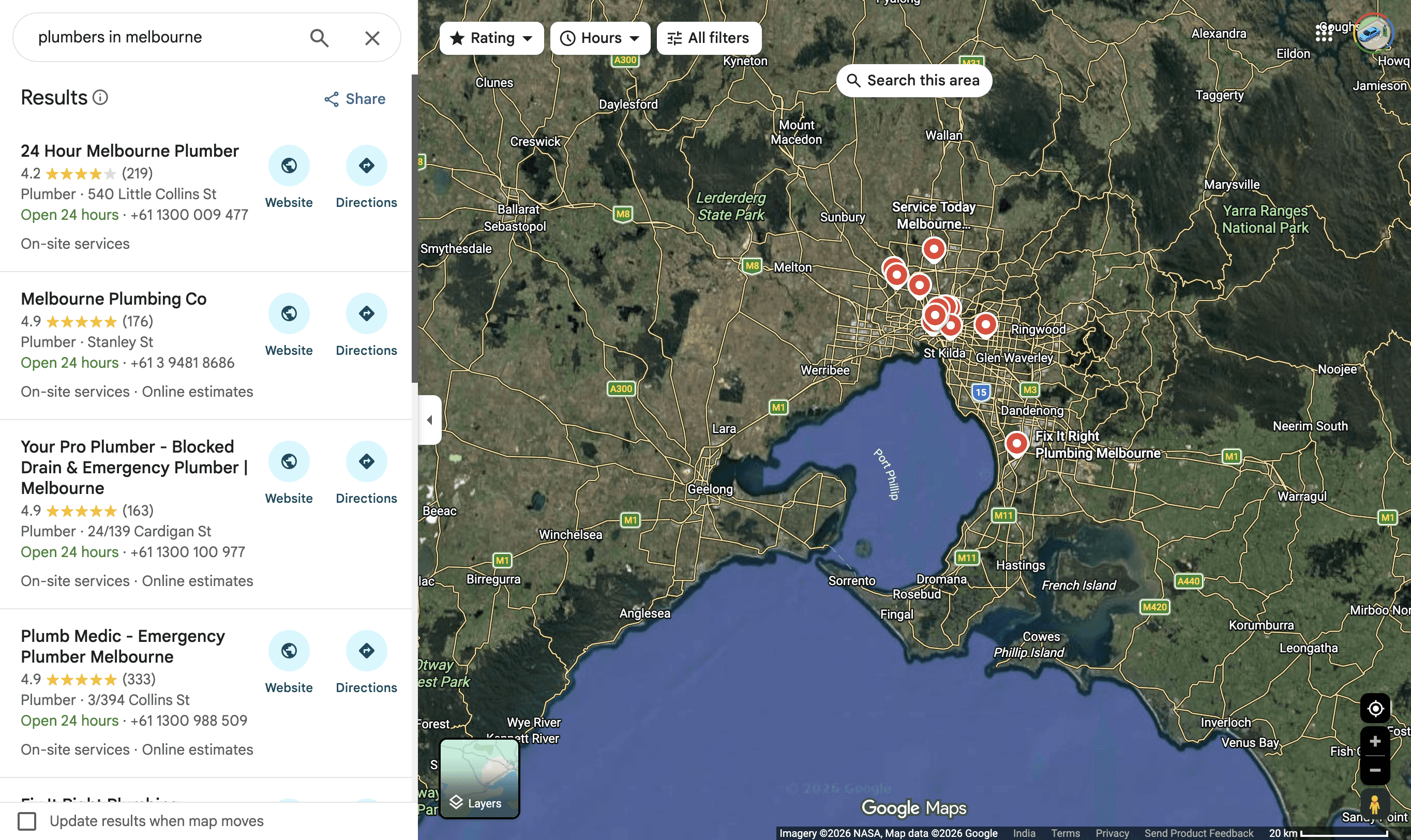 Google maps results page