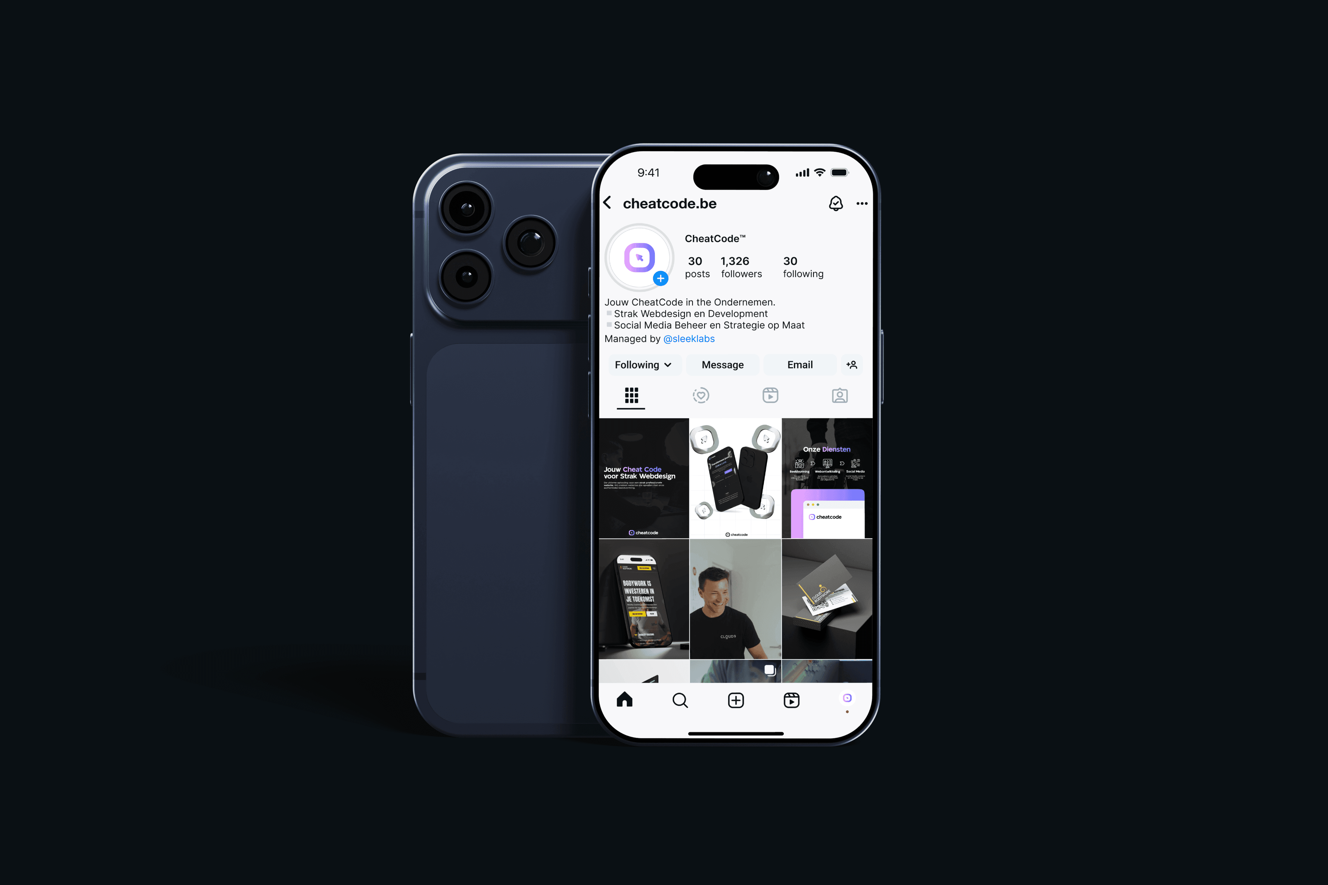 Phone mockup displaying the CheatCode Instagram profile in dark mode alongside a second phone.