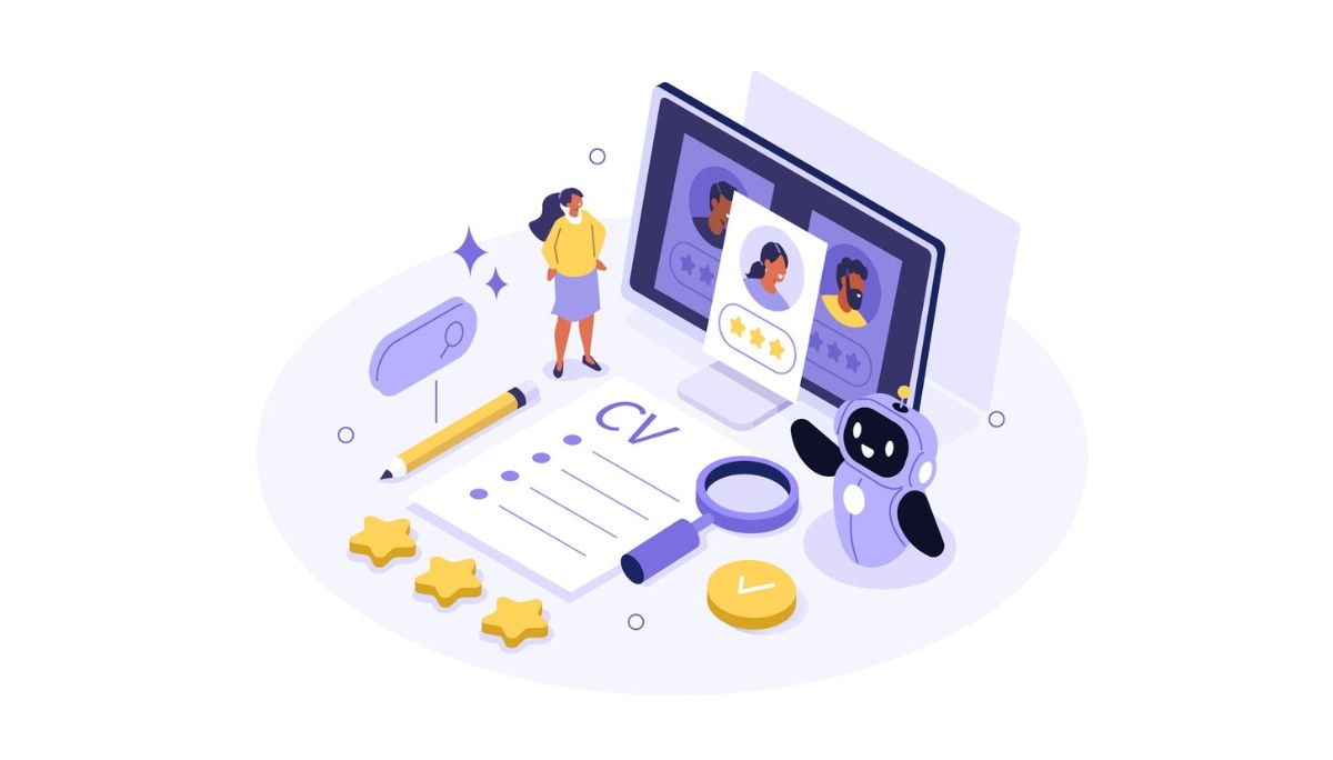 lustration of a woman reviewing candidate profiles on a computer screen while a robot assists with CVs, ratings, and documents, representing AI recruiting tools and software solutions for hiring.