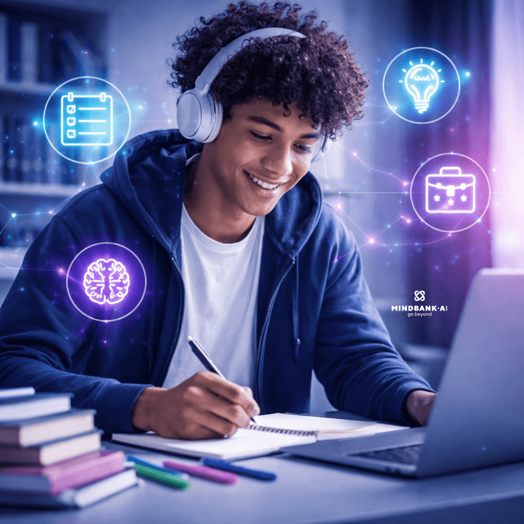 Student with headphones using AI productivity tools for ADHD, studying and managing tasks on a laptop.