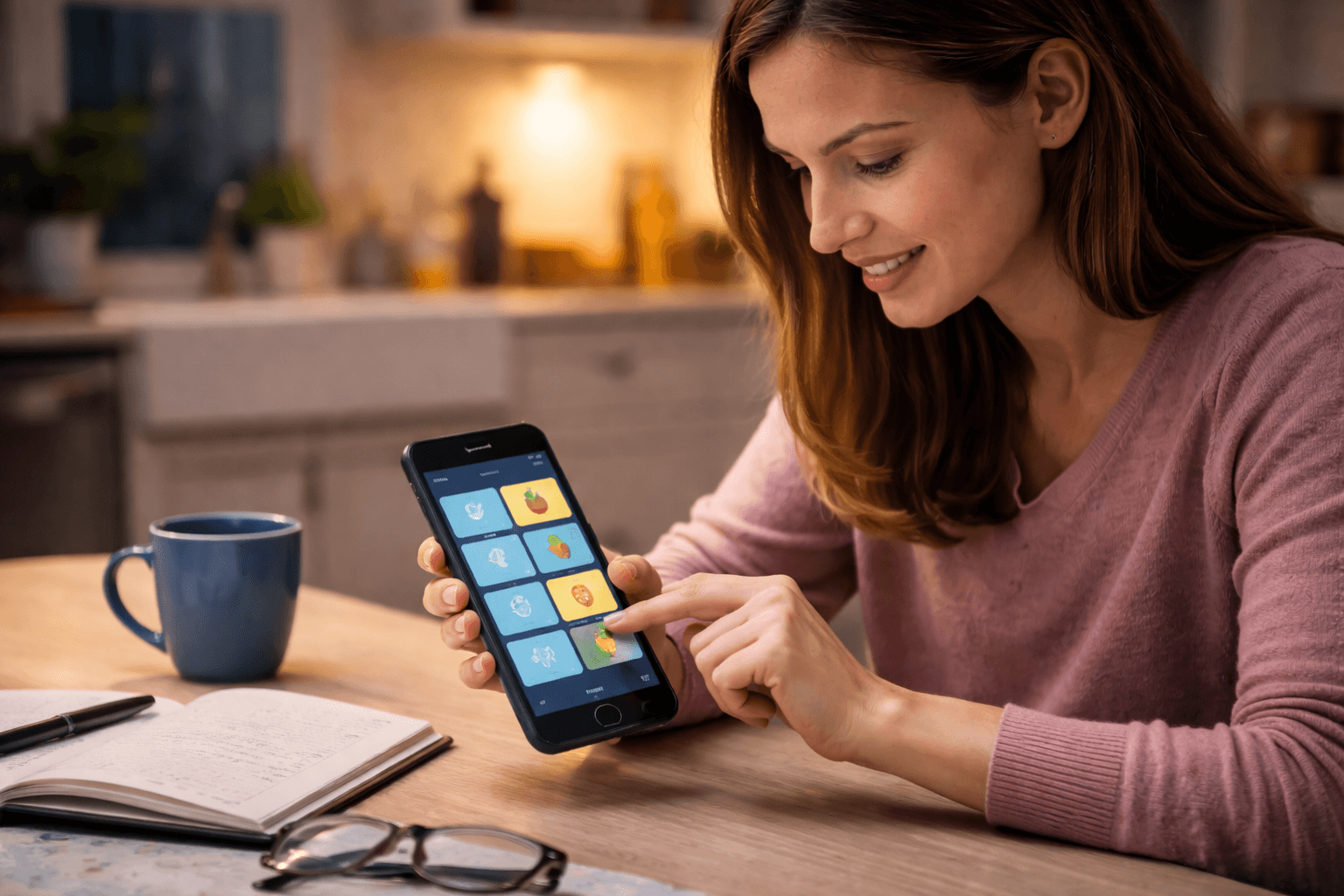 A woman in a cozy kitchen uses a smartphone to control smart home devices, with a notebook and a blue mug on the table, illustrating smart home technology integration.