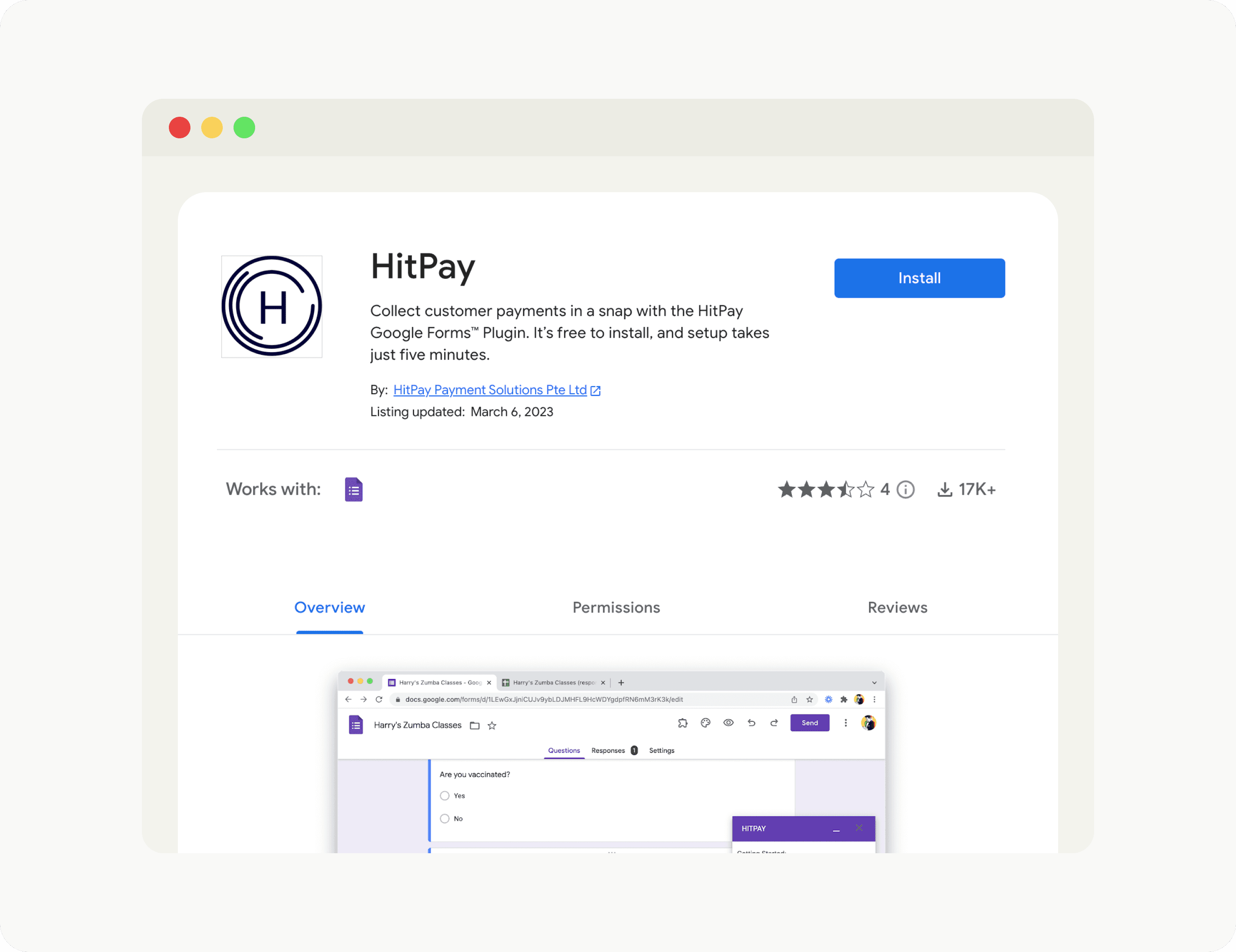 An app add-on titled "HitPay" features the HitPay logo and works with Google Forms