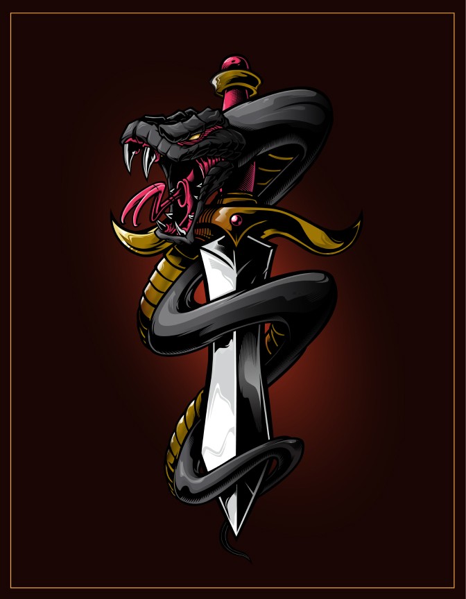 Digital art showcasing snake wrapped around a sharp object