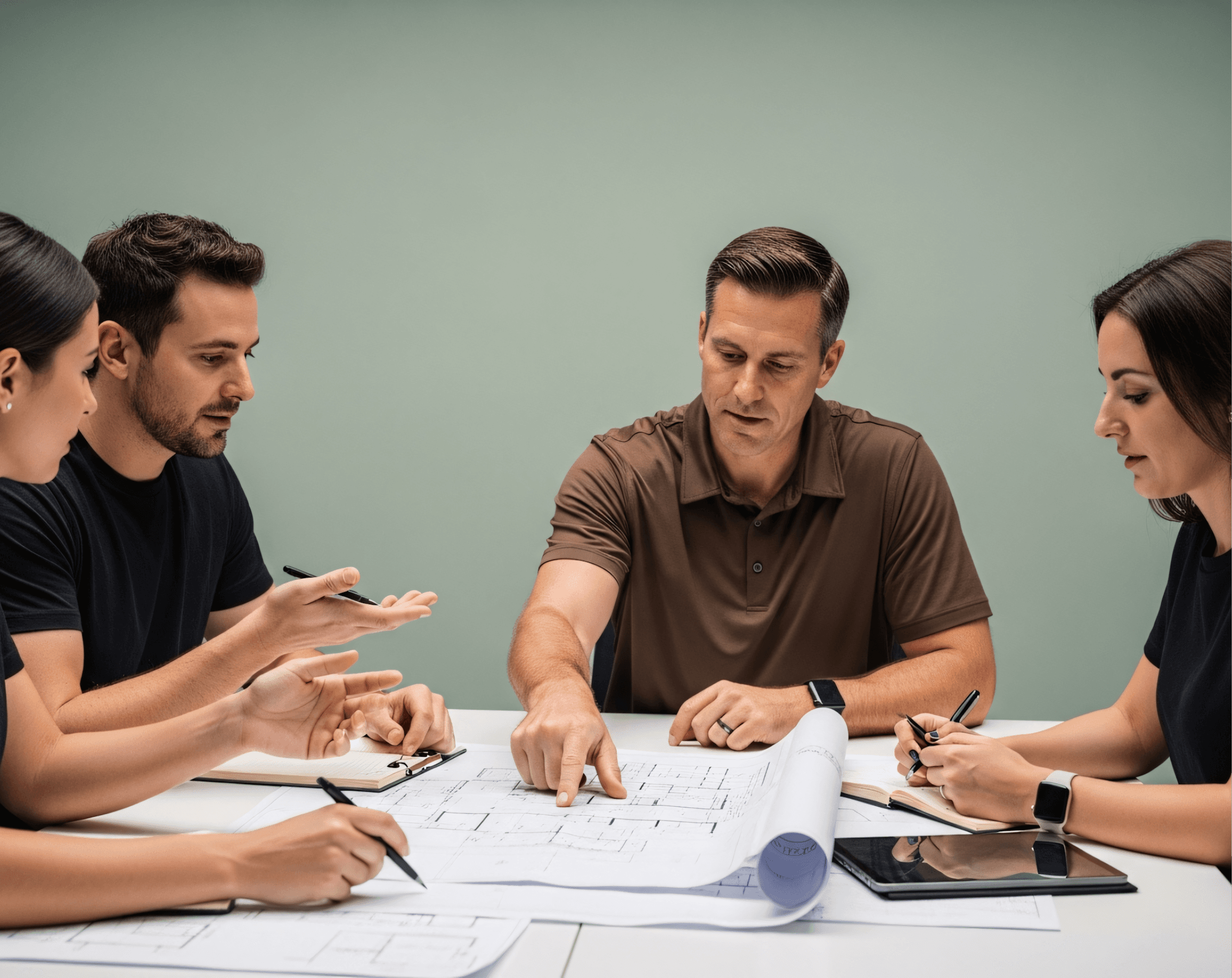 Group team member analyzing a plan or technical blueprint together.