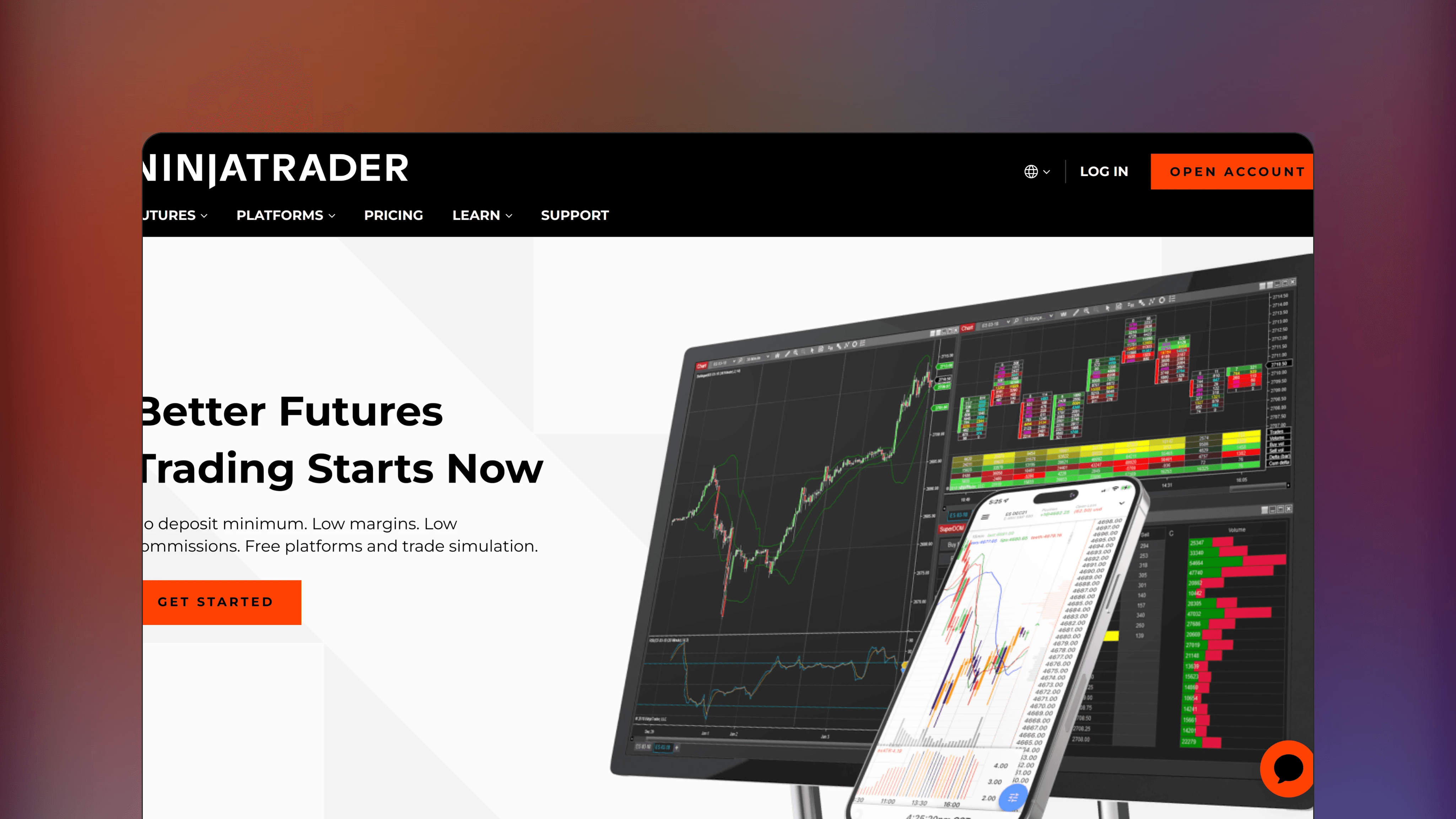 Website preview of NinjaTrader, technical analysis charting platform featuring charts for futures and forex markets.
