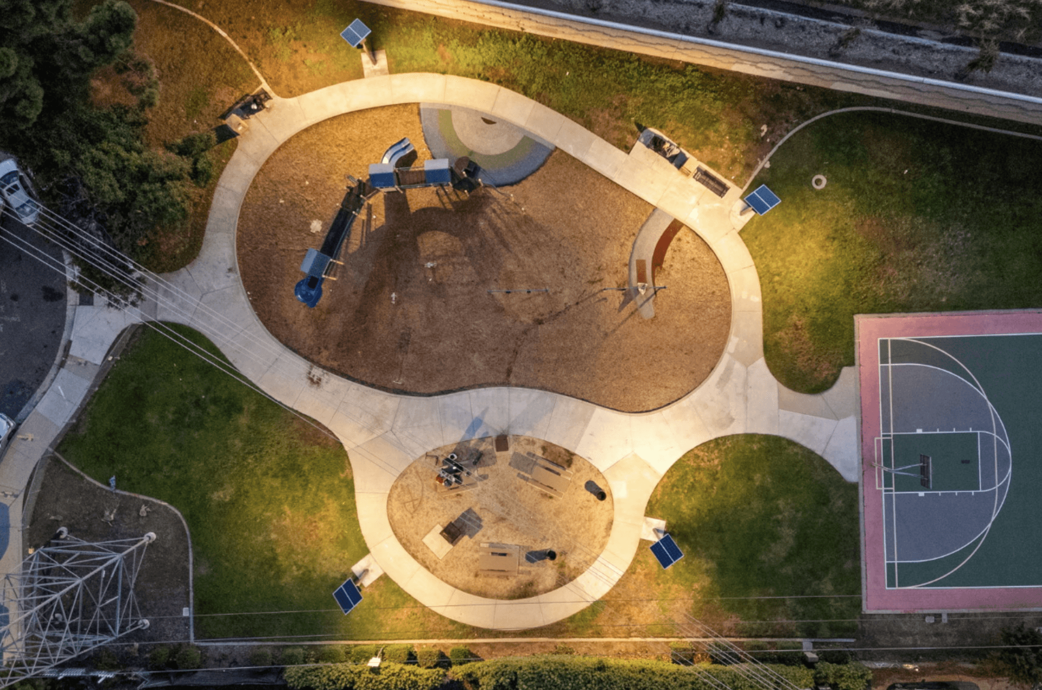 Leadsun solar path lighting strategically placed along an urban trailway to provide illumination after dark.