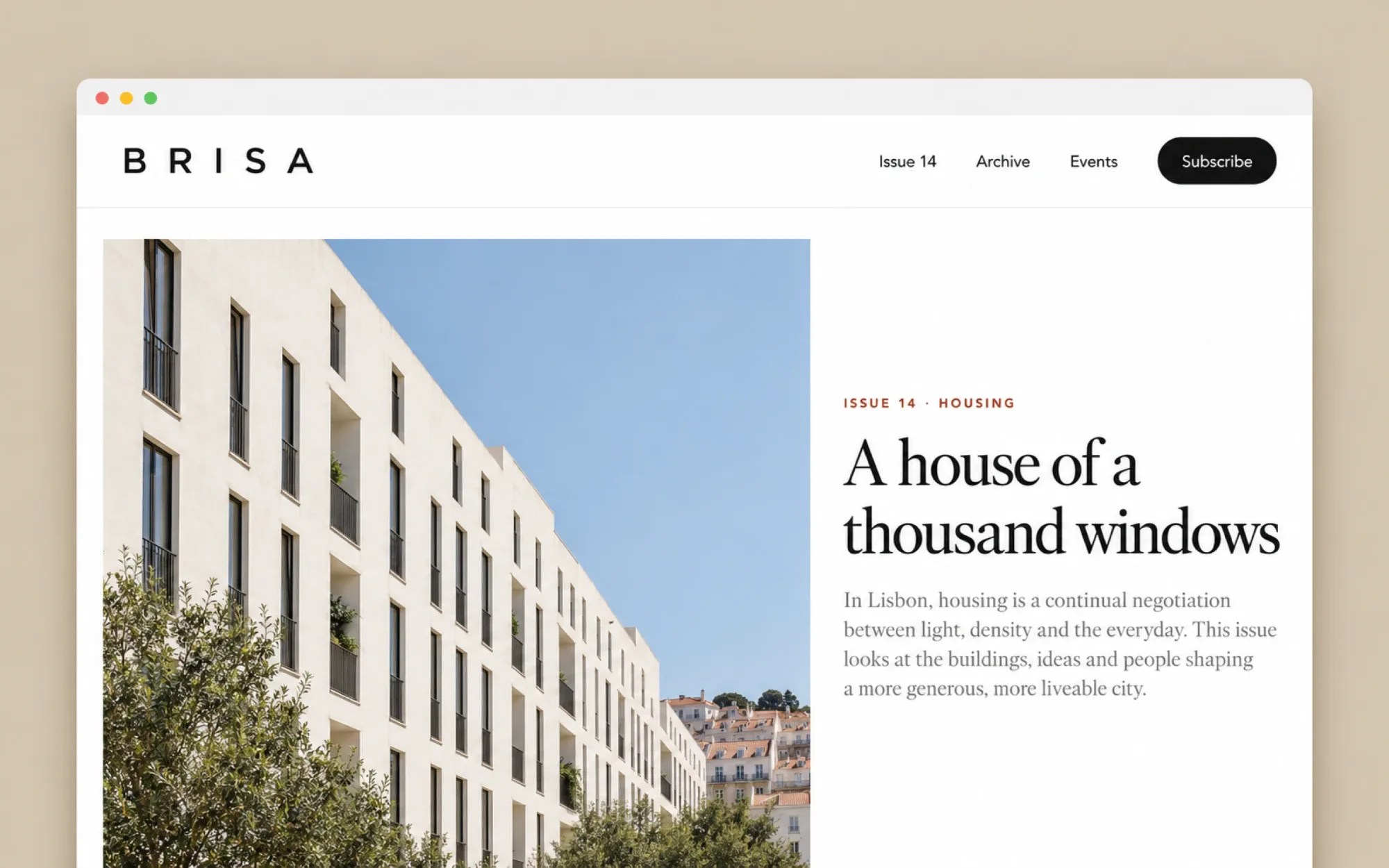 Brisa’s online edition: the masthead and the opening of Issue 14, ‘A house of a thousand windows’, beside a photo of a white apartment block.