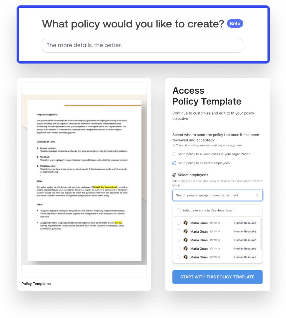 Interface for creating a policy with a customizable template, showing options to detail the policy, select recipients, and use pre-defined templates for efficient policy management.