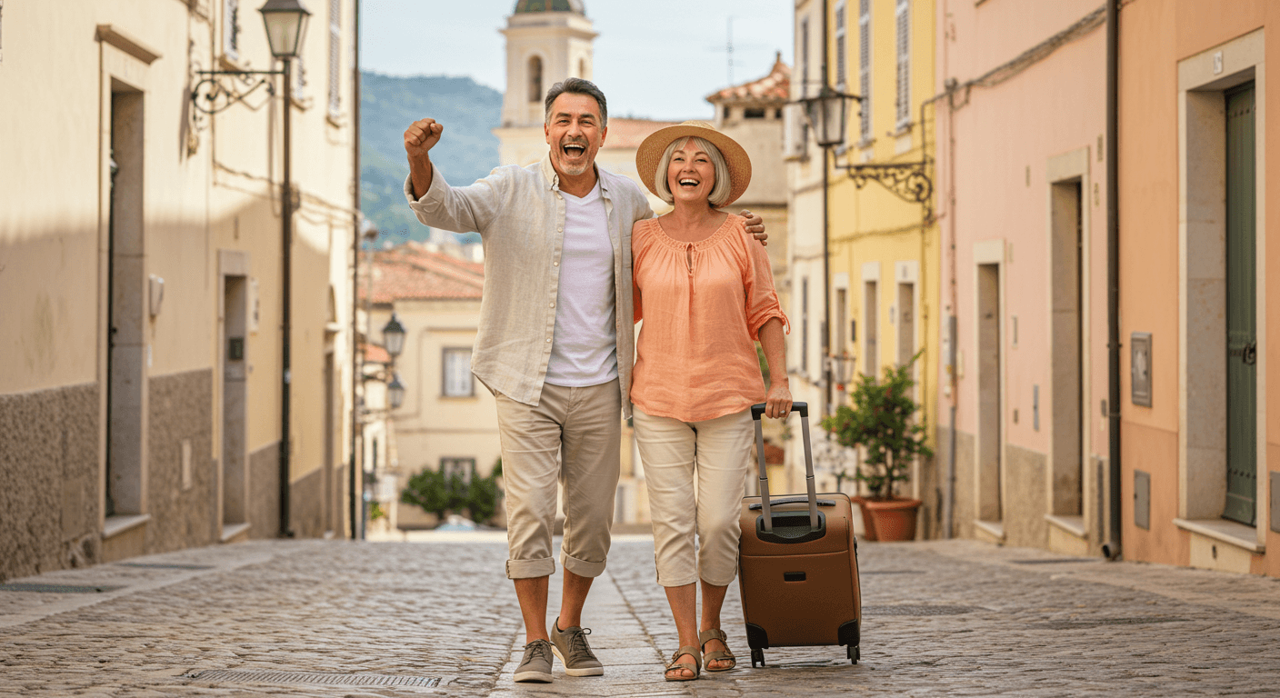 Retired couple abroad with trolley