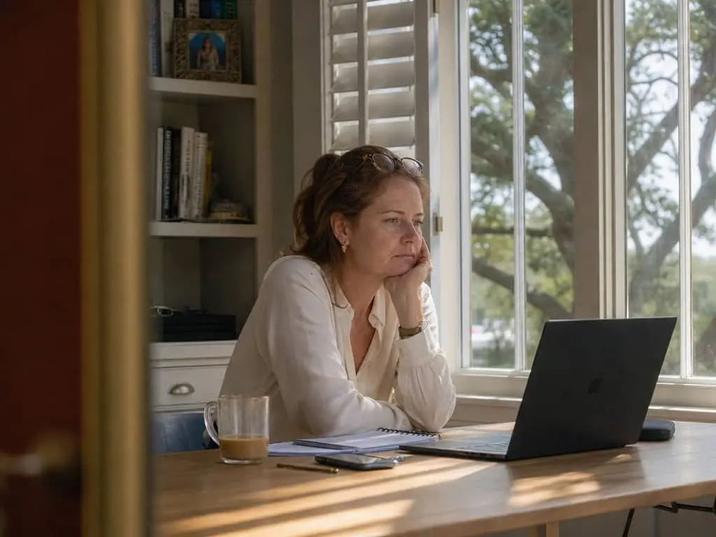 Woman staring unfocused at laptop in Charleston home office, mid-morning — Peptide Therapy & Advanced Therapeutics at Hero Health & Hormone