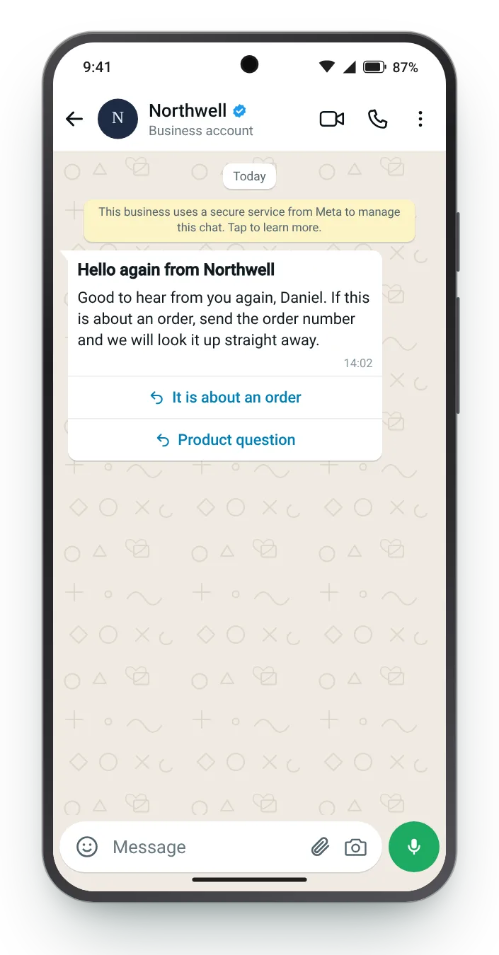 Greeting a customer after a quiet spell: WhatsApp greeting message on an Android phone