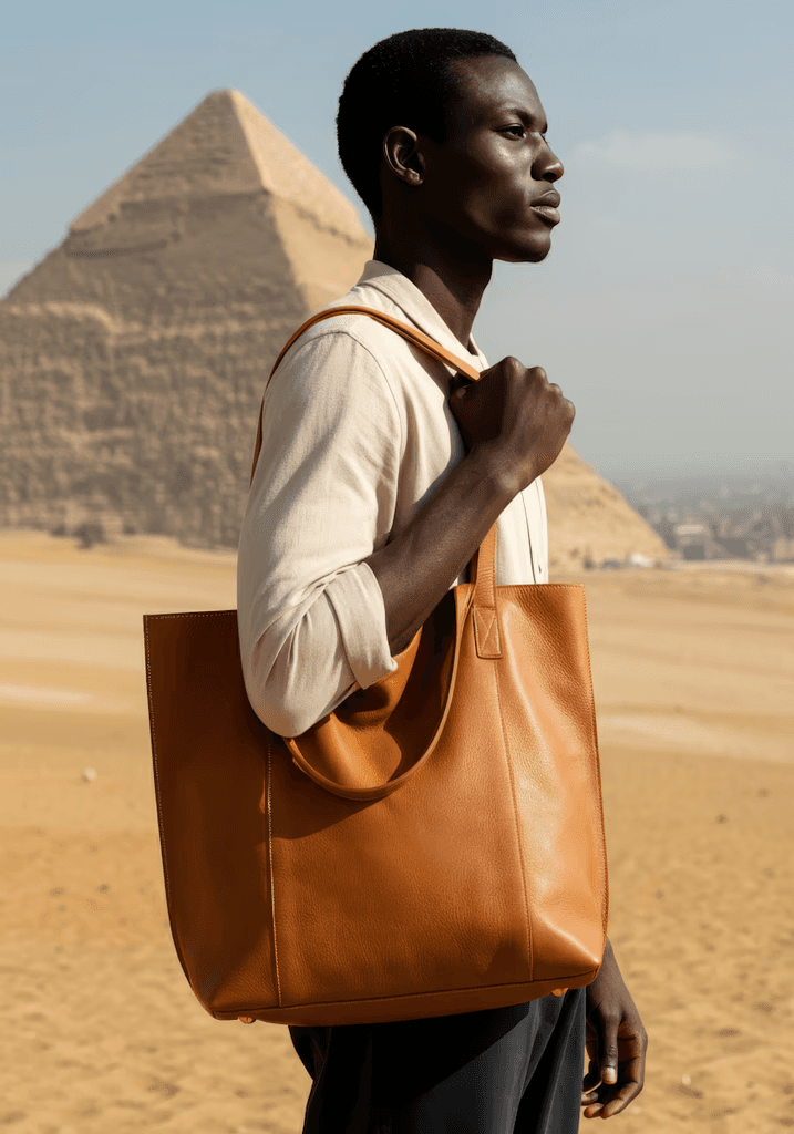 A man carrying a large tan leather tote bag with a pyramid in the background.