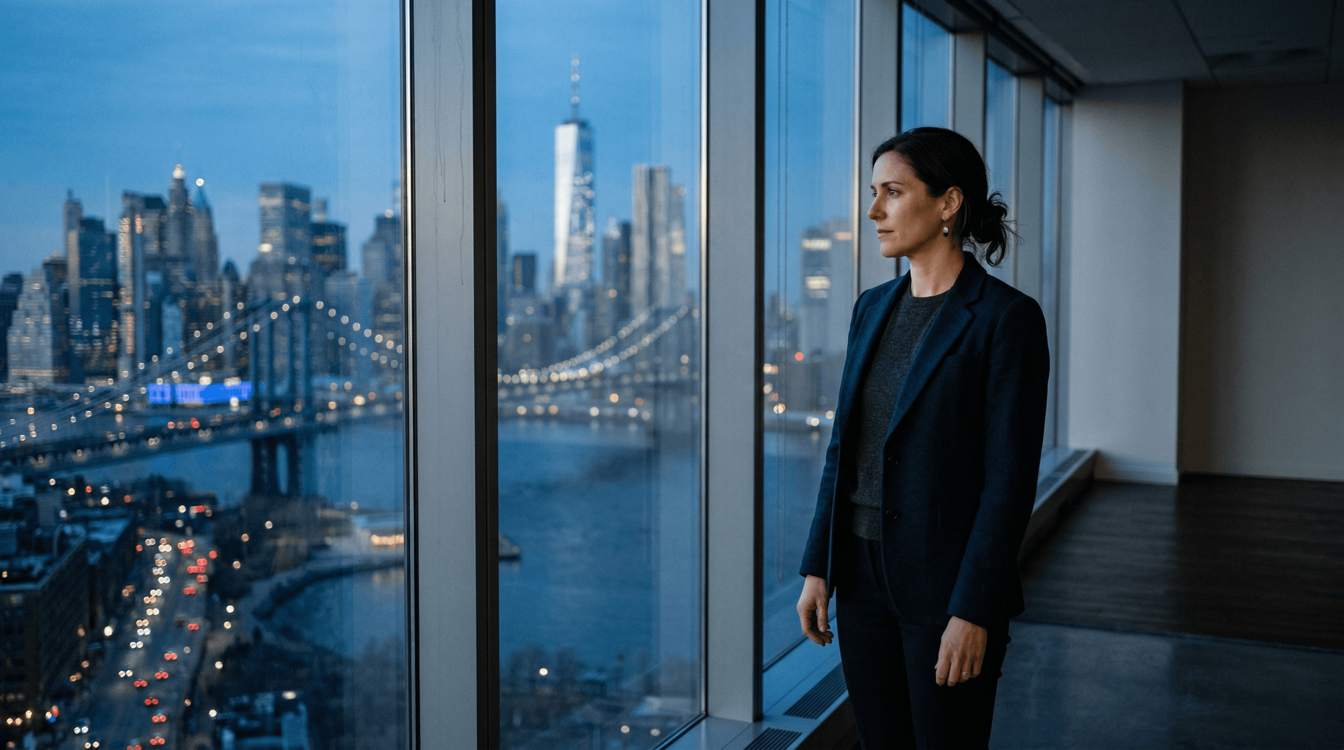 Business woman in a board room overlooking a city scape