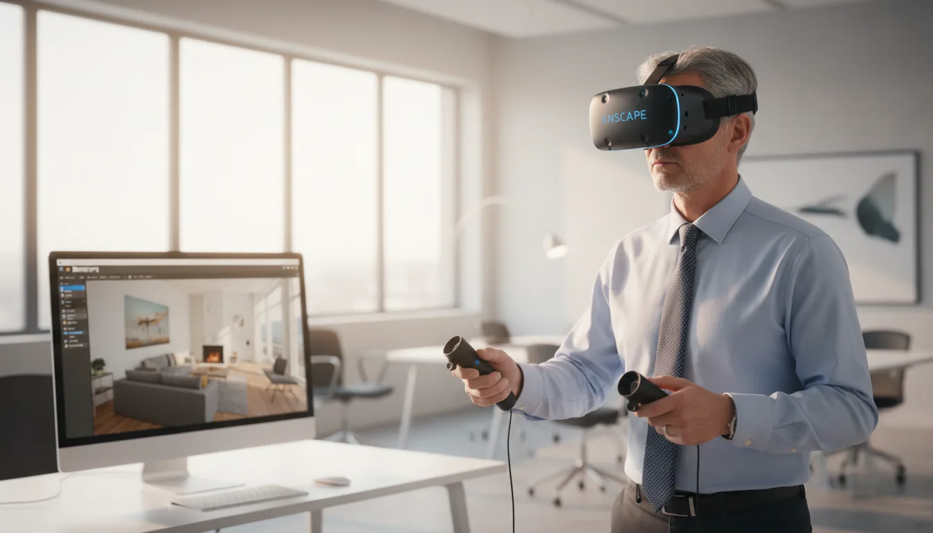 DSLR photograph of a middle-aged male architect with salt-and-pepper hair, wearing a professional light blue button-down shirt and tie. He stands in a bright, modern office, actively using a black VR headset and holding two controllers. The scene is illuminated by soft, natural daylight from large background windows. In the background with a shallow depth of field, a computer monitor on a desk clearly displays the Enscape software interface, showing a photorealistic 3D architectural rendering of a modern living room. The focus is sharp on the man, creating a professional and focused corporate aesthetic.