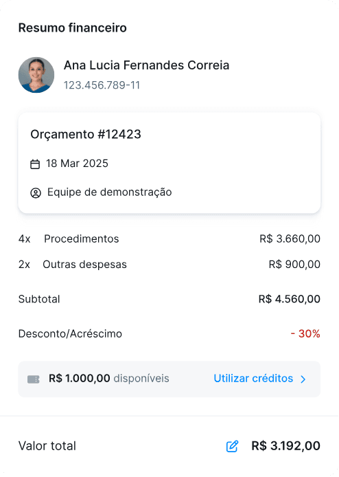 Resumo financeiro com o orçamento aprovado e o saldo do paciente