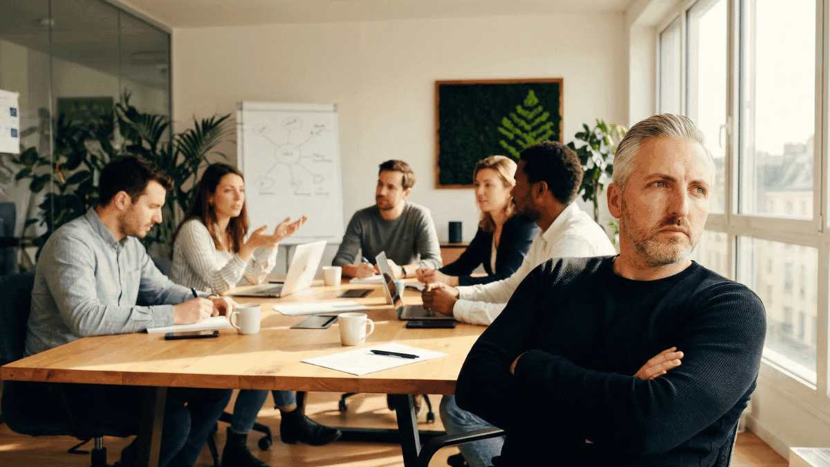 Mitarbeiter hat innerlich gekündigt — sitzt mit verschränkten Armen abwesend im Team-Meeting