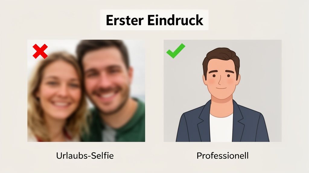 Bildvergleich zeigt den Unterschied zwischen einem unprofessionellen Urlaubs-Selfie und einem professionellen Profilbild für einen guten ersten Eindruck.
