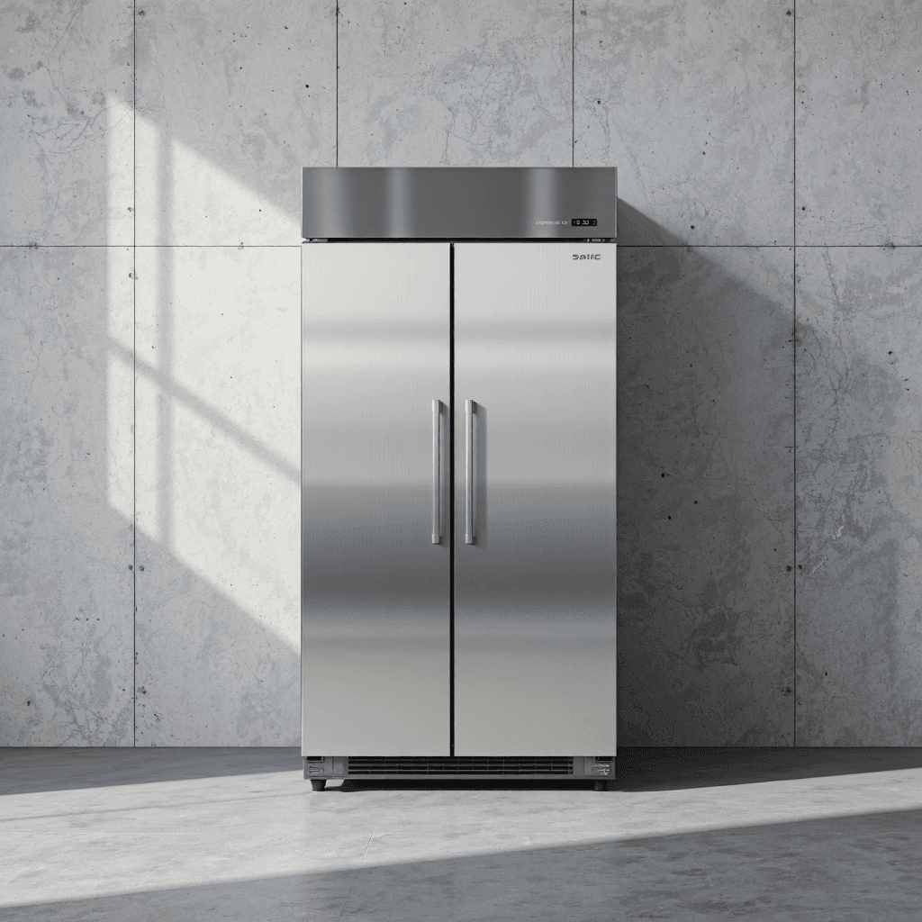 product photography of a double-door refrigerator unit for commercial use