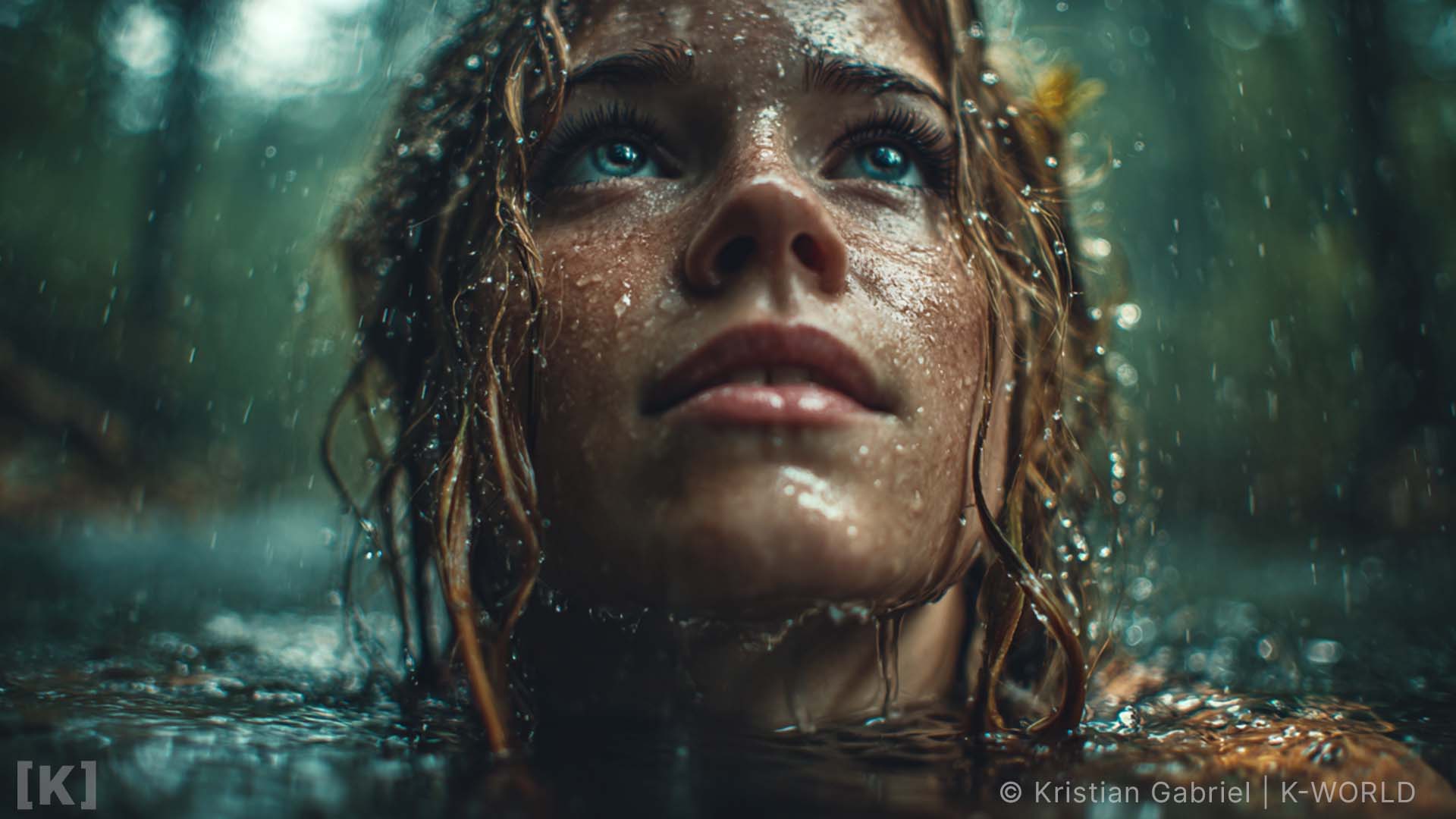  a pool of dark water surrounded by a dark forest forest in slow motion as a beautiful woman ascends out of the water