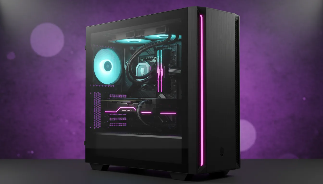 Professional DSLR product shot of a modern Alienware prebuilt PC tower. The matte black chassis has a transparent glass side panel, revealing an AIO liquid cooler with a bright cyan glowing fan. A vibrant magenta LED strip runs vertically down the front of the case. Soft studio lighting, sharp focus on the hardware with a shallow depth of field. The background is an abstract, out-of-focus textured purple pattern, creating a soft bokeh effect. High-detail, clean reflections, technology aesthetic.