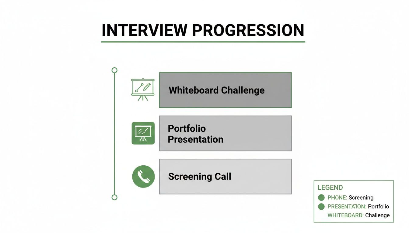 An infographic titled 'Interview Progression' showing Whiteboard Challenge, Portfolio Presentation, and Screening Call stages.