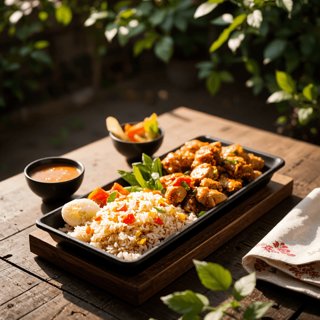 product photography of a food tray containing rice, chicken, and side dishes