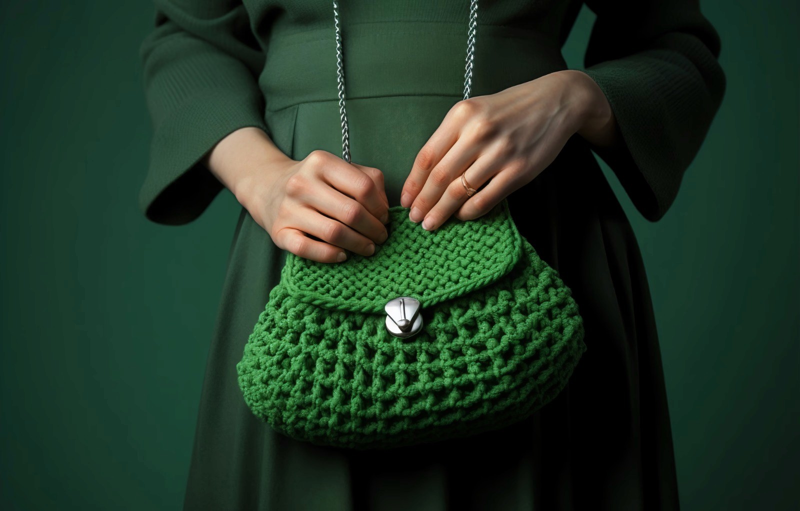 A woman in a green dress holds a textured crocheted handbag in matching green. Her hands rest elegantly on the bag, conveying a calm, stylish tone.
