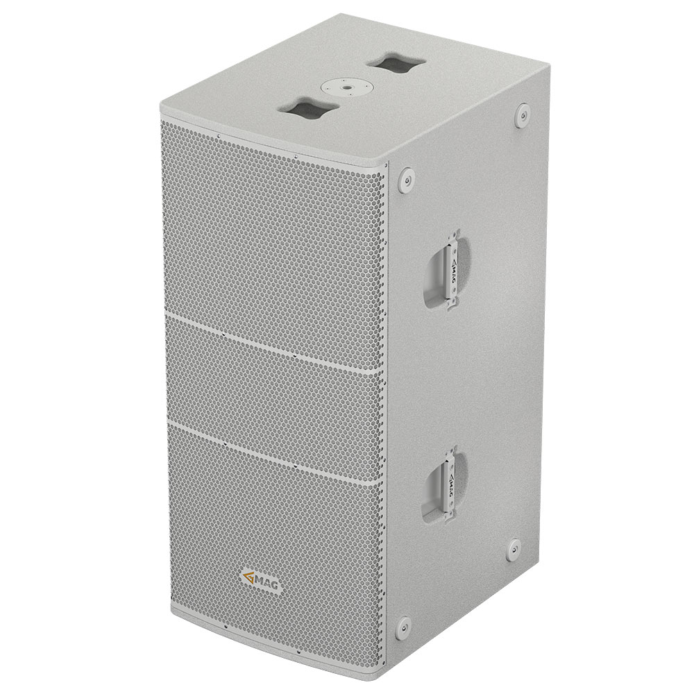 White speaker cabinet with speaker grilles and handles