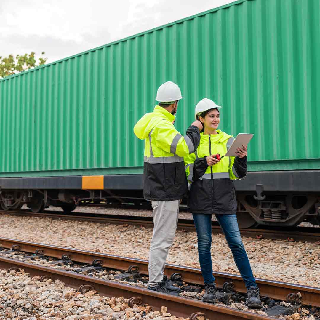 Двоє співробітників логістичної компанії обговорюють перевезення контейнера на залізниці, використовуючи планшет.