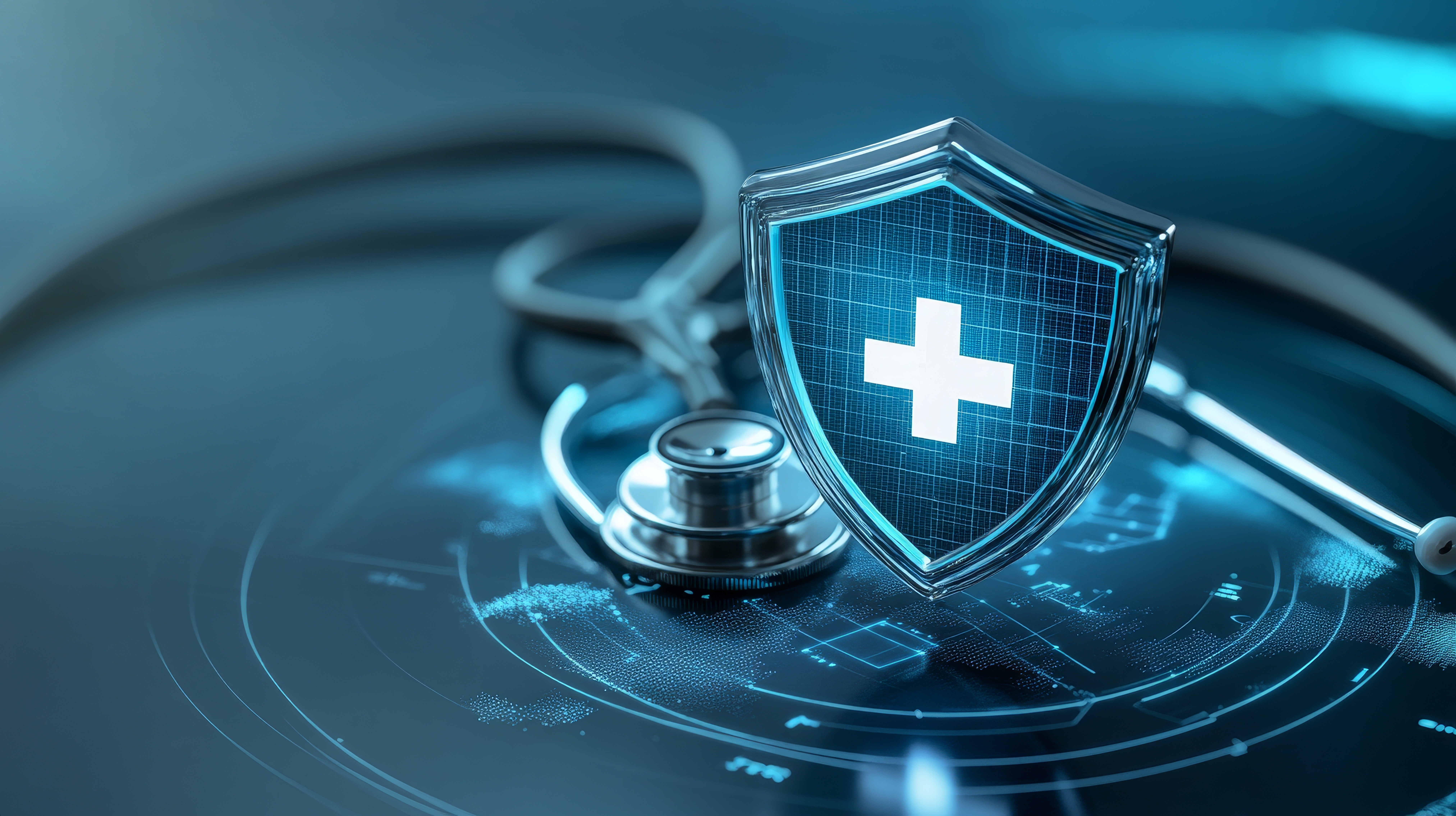 A digital shield with a medical cross symbol sits on a stethoscope, representing the importance of protecting patient data and ensuring secure healthcare practices.