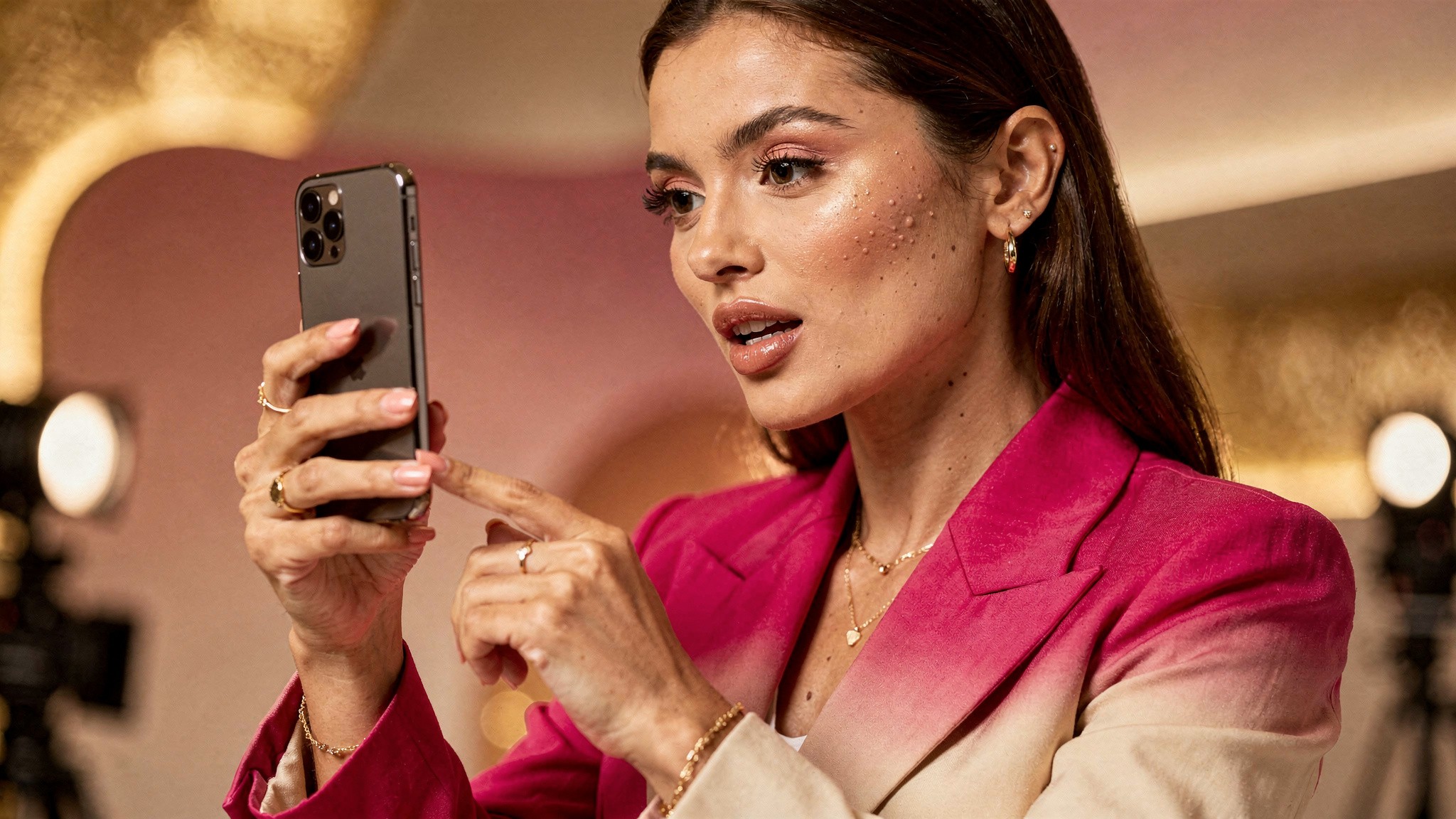 Beauty creator tapping through Instagram hashtag pages on her phone to check the best hashtags