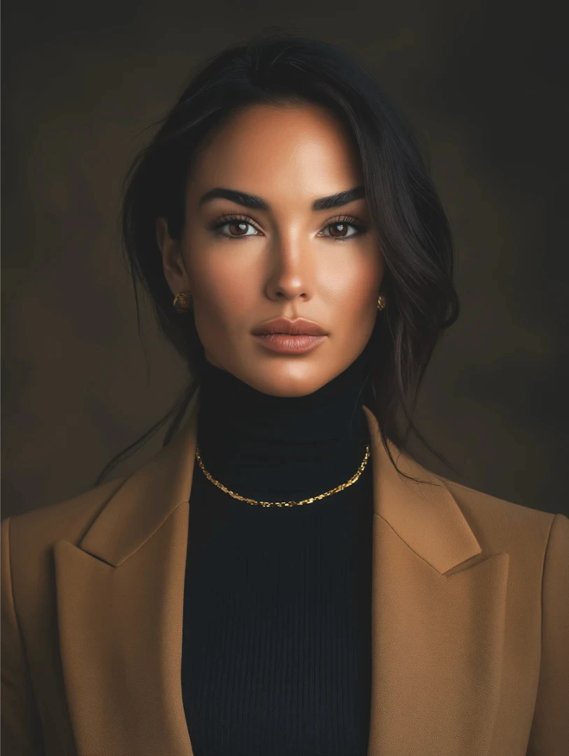 Portrait of a woman with long dark hair and confident gaze, wearing a tan blazer, black turtleneck, gold earrings, and necklace on a dark backdrop.