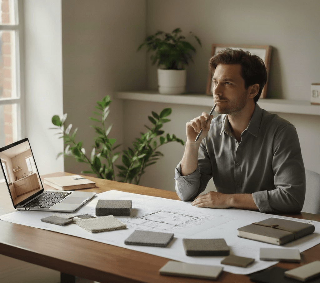 Un jeune homme aux cheveux bruns est assis derrière un bureau, dans une pièce bien éclairée avec des plantes verdoyantes. Une tablette longe le mur derrière lui. On y retrouve un cadre et un plante verte dans un vase beige pâle. Le bureau est bois mi-foncé. Sur le bureau, il y a des échantillons pour le design, comptoir, tissu, porcelaine et autres. on y voit aussi un plan et un ordinateur ouvert. Sur l'écran de l'ordinateur apparaît une cuisine moderne et minimaliste en bois blond. Un calepin fermé est posé sur le bureau pour prendre des notes. Le jeune homme tient un crayon dans sa main et le crayon est posé sur son menton. Il a un léger sourire en coin, semblant réfléchir et imaginer.