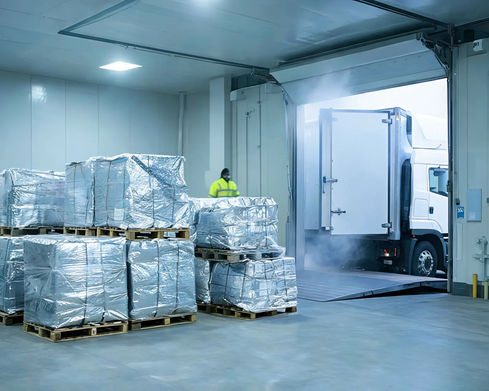 Pallets under silver thermal blankets at a cold-storage dock beside a refrigerated trailer