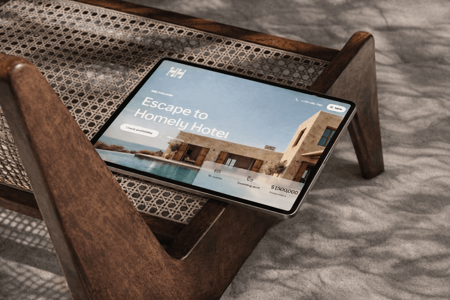 Luxury hospitality website room page mockup featuring tropical villa bedroom design