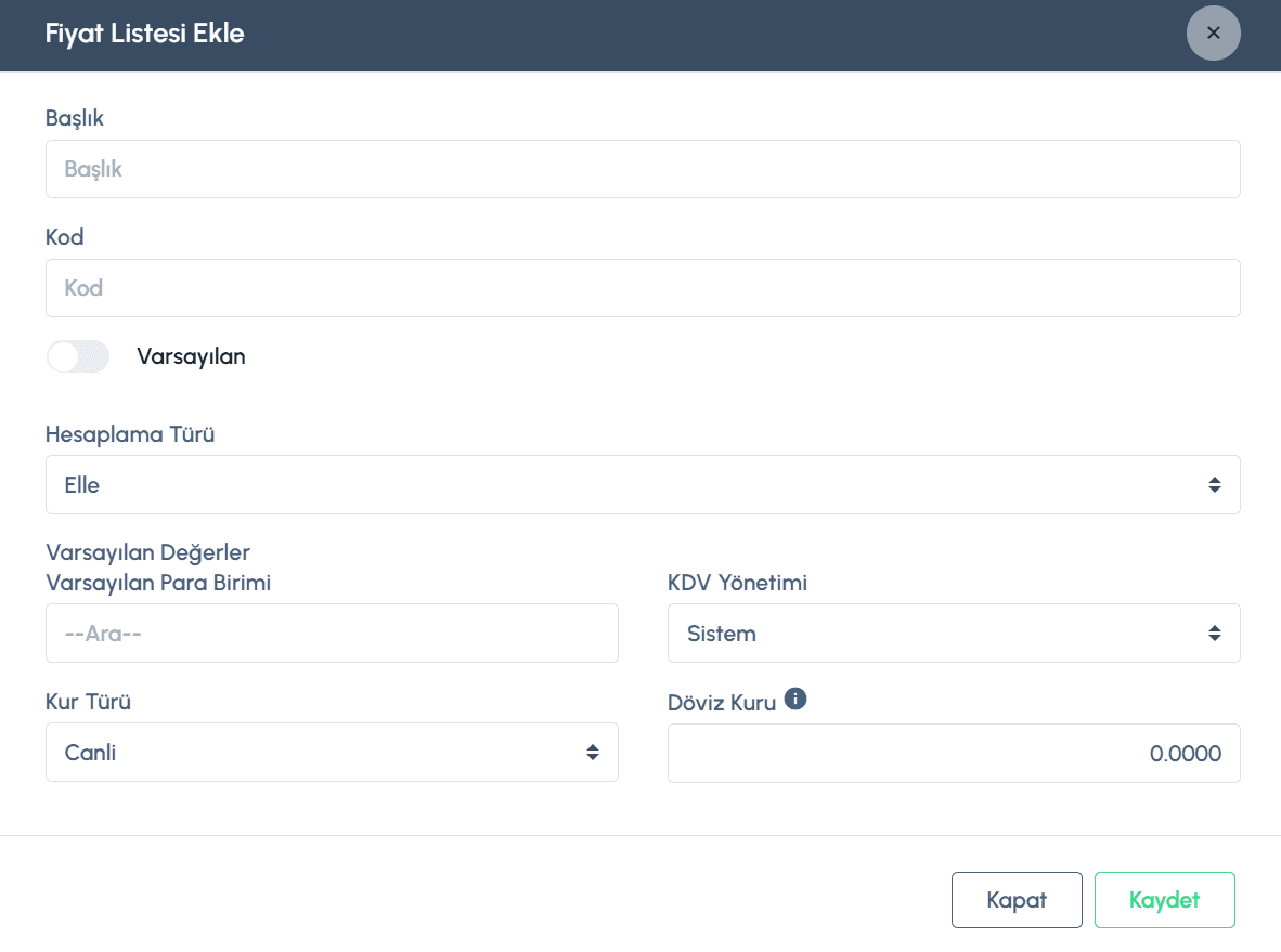 Fiyat Listesi Ekleme Formu