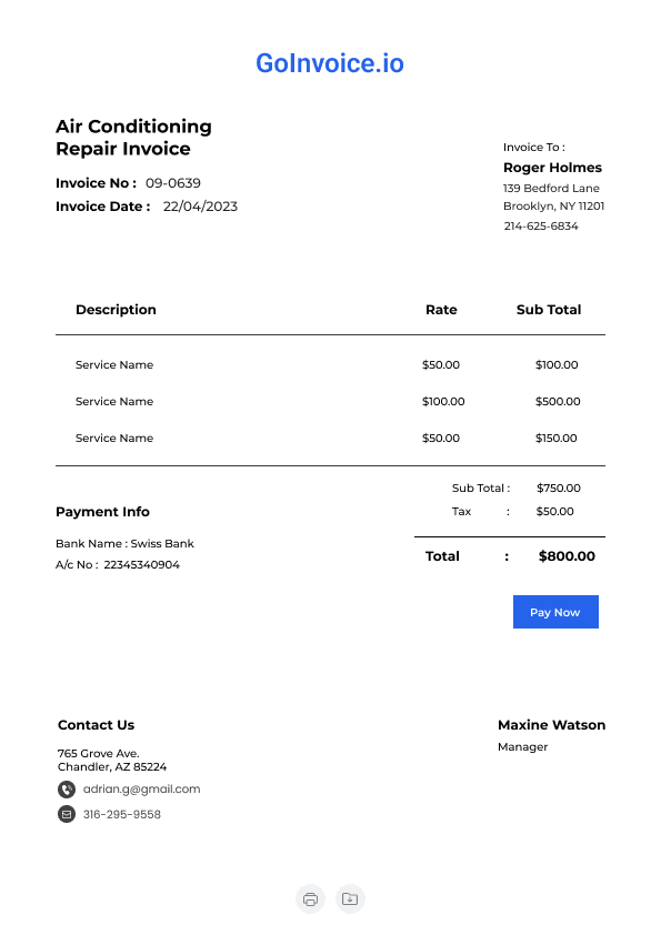 Air Conditioning Repair Invoice