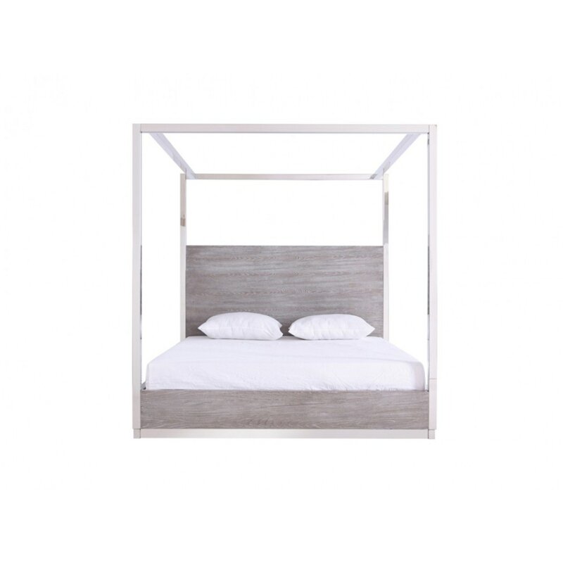 The gray canopy bed blends modern aesthetics with practical design for any setting.