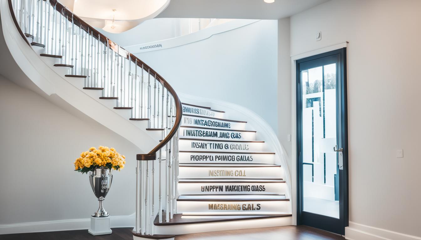 A winding staircase leading to a door with an Instagram logo on it, with a light shining through the keyhole. At the top of the staircase, a trophy is displayed with the words "Instagram Marketing Goals" engraved on the base.