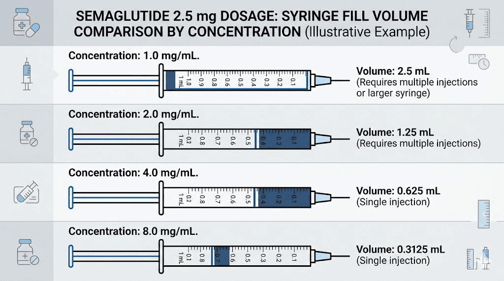 Semaglutide 2.5 mg unit comparison across concentrations 2.5, 3, 5, and 10 mg/mL
