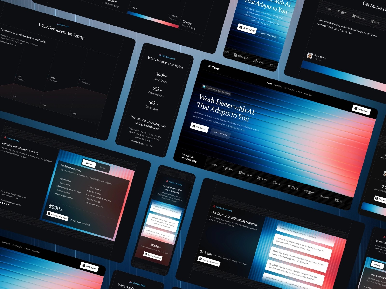 Collage of website interface showcasing AI-driven productivity features.