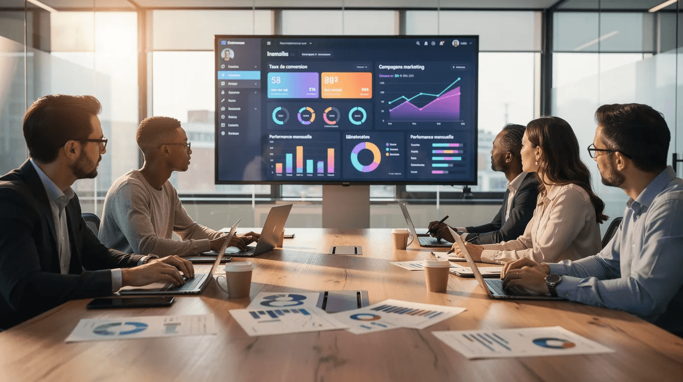 Une équipe marketing est réunie autour d'une table, analysant des données affichées sur un écran lors d'une réunion. Ils discutent de stratégies pour créer un lead magnet efficace afin de générer des leads qualifiés et d'optimiser leur taux de conversion.