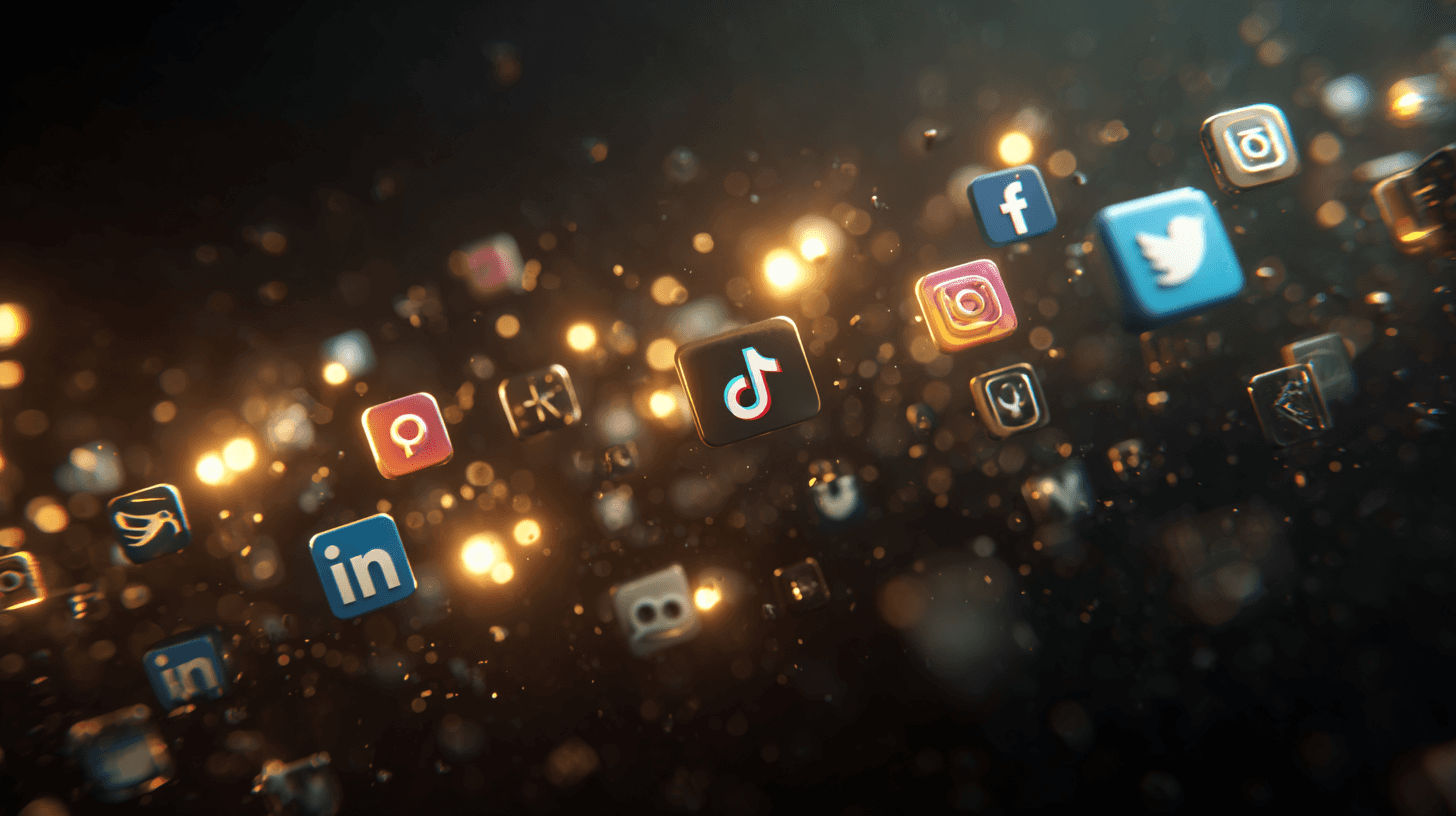 Floating social media icons in a glowing digital environment, representing multi-platform content management.