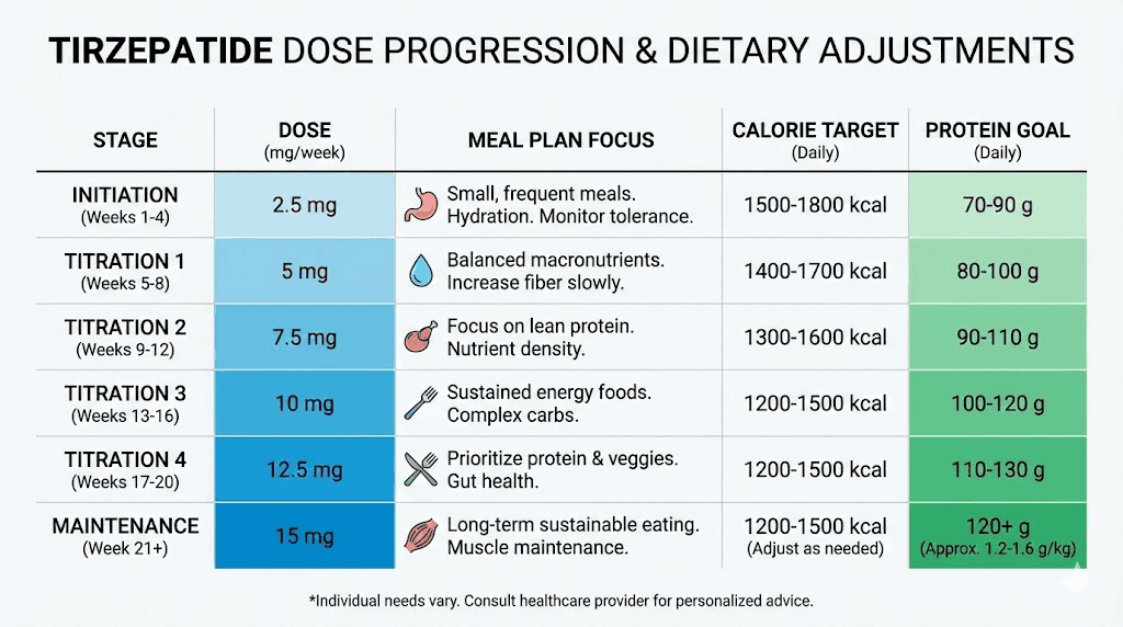 Tirzepatide dosing phases with recommended calorie and protein targets for each dose level