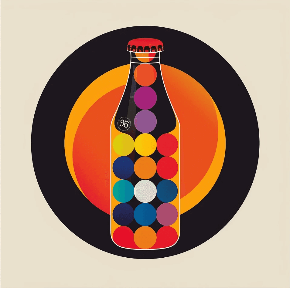 colorful image of a soda bottle with colored circles representing bubbles