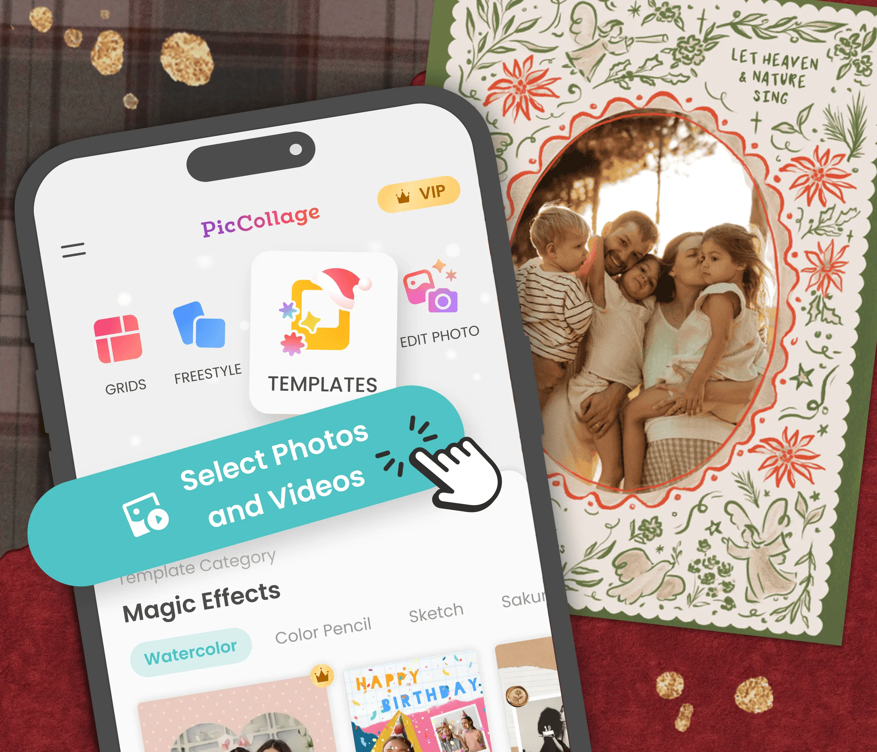 PicCollage app on a phone showing template, grid, and edit options for holiday cards
